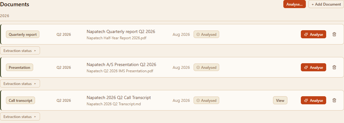 Documents: Napatech's Q2 2026 report, presentation and call transcript, all marked Analysed.