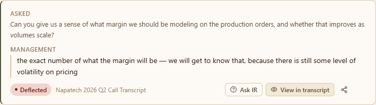 Q2 call exchange: my question about production-order margins and management's response that pricing was still volatile.