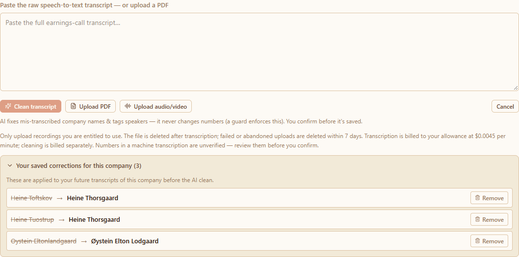 The new transcript form with audio/video upload and saved name corrections.
